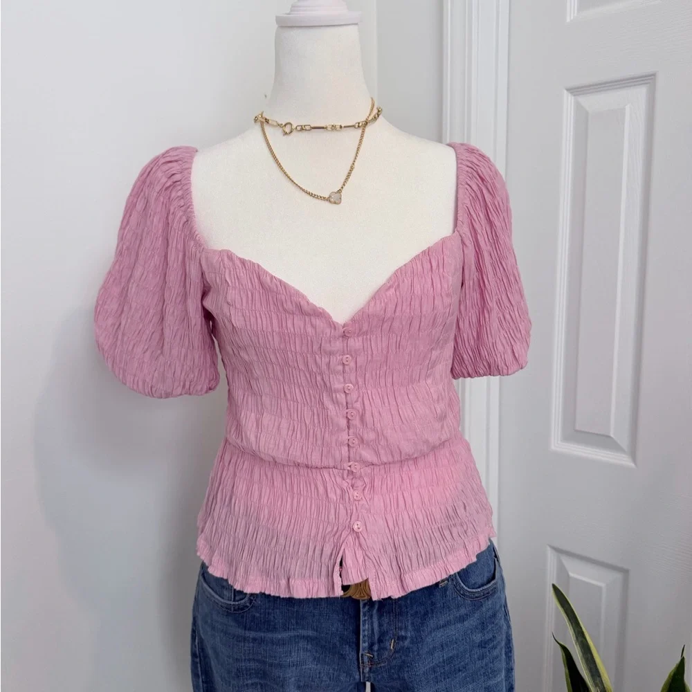 ASTR The Label Pink Smocked Puff Sleeve Button Front Top Women S Cottagecore